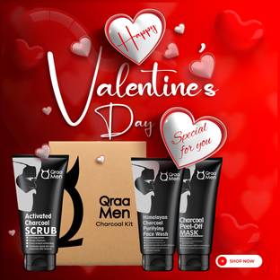Qraa Charcoal Valentine Edition Kit|Charcoal Scrub, Charcoal Face wash, Charcoal Peel-off Mask For Mens|Free travel Pouch