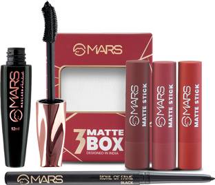 MARS Combo Of Red and Maroon Matte Lipstick Box With Ultra Curl Long Lasting Fabulash Mascara and Smudge Proof Kajal