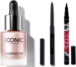 INDIANA HUDA SHINE (Pink Pearl) London Iconic illuminator liquid highlighter for face with EYE KAJAL AND 36h SKETCH EYELINER,Smudge-Proof