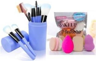 ahdam Professional 12 piece face and eye makeup brush set with strong barrel-blue & 6 in 1 makeup sponge puff