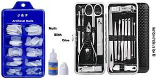 J & F Fake Nails ( Pack of 100 ) With Glue & 16 in 1 Manicure Pedicure Tool Kit