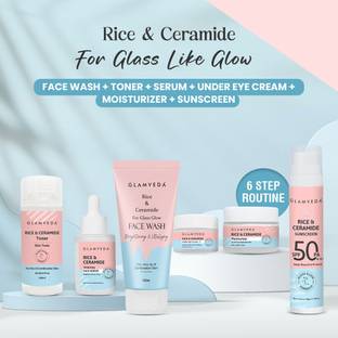 GLAMVEDA Korean Glass Skin Rice & Ceramide 6 Step Daily Skincare Routine For Women | 6 Items with Premium Gift Box