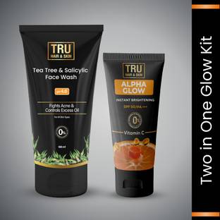 TRU HAIR & SKIN Alpha Glow Sunscreen With SPF-50: 50gm & Tee Tree Face Wash-100ml