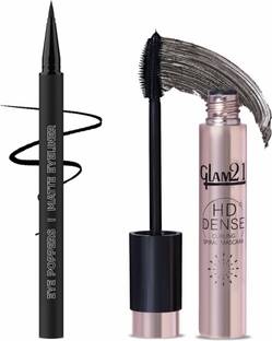 Glam21 Eye Poppers Matte Eyeliner- Dark Matter,0.5gm & HD Dense Curling Mascara |Waterproof Volumizing-Black, 10ml | Combo