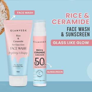 GLAMVEDA Korean Glass Skin Rice & Ceramide 2 Steps Daily Skin Care Moisturizer & Nourishment Combo ( Face Wash + Sunscreen )