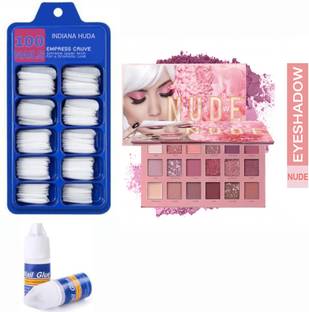 INDIANA HUDA 100 Pcs Reusable Acrylic False Nails With Nail Glue & 18 Colors Pigmented The New Nude Eyeshadow Palette Blendable Long Lasting
