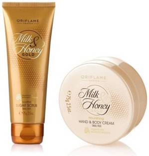 Oriflame Sweden Milk & Honey Gold Nourishing Hand & Body Cream + Smoothing Sugar Scrub Small Pack Combo
