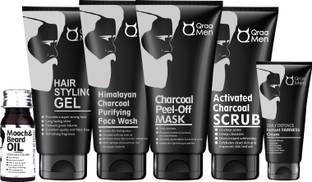 Qraa Men Charcoal Kit-Scrub,Face wash,Peel-off Mask,Hair Styling Gel,Daily Defence Fairness Cream,Mooch Oil | Pack of 6