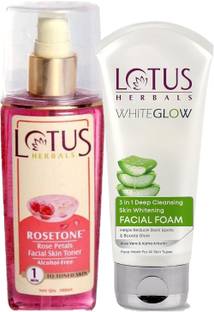 LOTUS Herbals Combo ( ROSETONE Rose Petals Facial Skin Toner_100 ml + Whitening Facial Foam_100 gm )