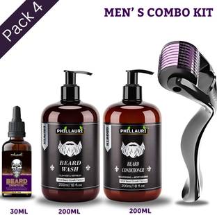Phillauri Men Grooming Combo (Beard Growth Oil 30ML + Beard Wash 200ML + Beard Conditioner 200ML + Derma Roller 0.5mm)