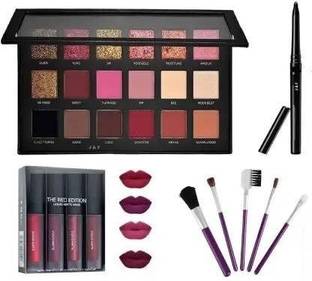 Saucefin Eyeshadow Palette with 5 Pc Makeup Brush, 4 in 1 Matte Red Edition Lipstick & Black kajal