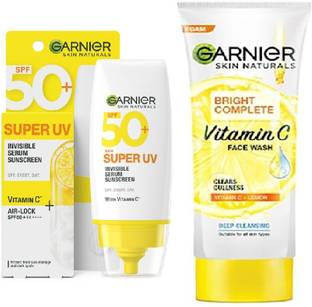 GARNIER SPF 50 PA++++ for UVA/B Invisible Serum Sunscreen for Broad Spectrum with No White Cast + Vitamin C Face Wash-100g