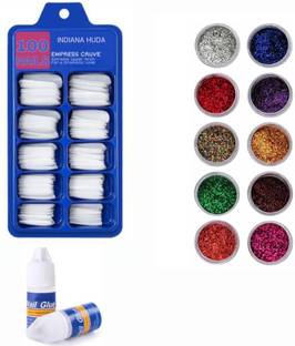 INDIANA HUDA 100 Pcs Reusable Acrylic False Nails With Nail Glue & 10 Pcs Glitter For Eye