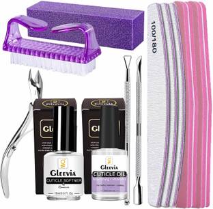 Gleevia Nail Cuticle Remover Kit Combo Pack of Filer & Buffers, Nipper, Peelar & Pusher, Cuticle Oil & Softener for Nail Care