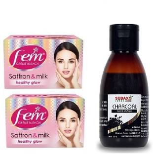 Fem CREME BLEACH SAFFRON AND MILK 2 PC EACH 40 GM AND CHARCOAL FACE WASH 100 ML