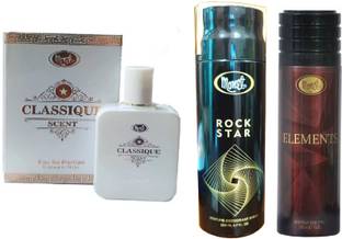 MONET 1 CLASSIQUE PERFUME 50 ML,ROCK STAR & ELEMENT DEODORANT 200MLEACH, PACK OF 3.
