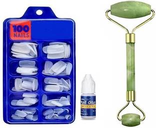 Lusty soul 100Pcs Fake Artifical Nails With Glue & Face Roler \ Face Massager