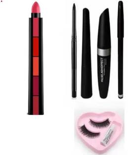 Zailie EYE MAKEUP COMBO( 2 KAJAL+EYELINER+MASCARA) , 5 in 1 Red lipstick , eyelash