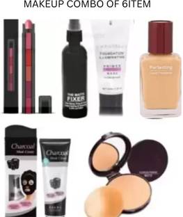 swenky MAKEUP COMBO OF FIXER PRIMER COMPACT FOUNDATION 5IN1 LIPSTICK & CHARCOAL MASK