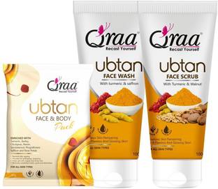 Qraa Ubtan Kit -For glow and brightening | Combo pack of Ubtan facewash 100g, Ubtan scrub 100g & Ubtan pack 50g
