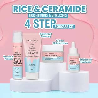 GLAMVEDA Korean Glass Skin Rice & Ceramide 4 Step Daily Skincare Routine For Women| 4 Items with Premium Gift Box