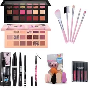 TUMR ROSE GOLD EYESHADOW + NUDE 18 COLOR + 36H EYELINER + MATTE MINI LIPSTICK+ 5 PC. BRUSH+PUFF SET+ BLACK EYELINER ( COMBO PACK)