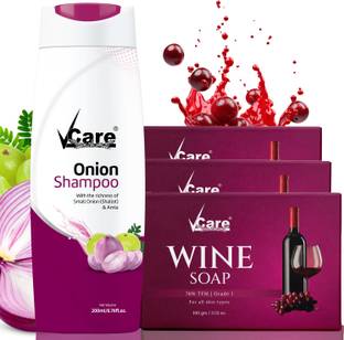 Vcare Red Wine Bathing Soap Bar 100g and Onion Shampoo for Women & Men Combo Pack