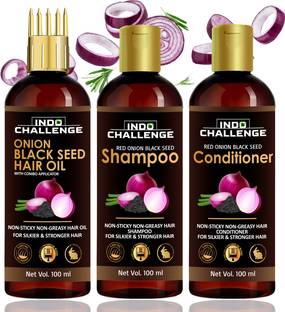 INDO CHALLENGE Red Onion Hair Oil Shampoo conditinoer Anti Hair Loss Oil With Black Seed -combo