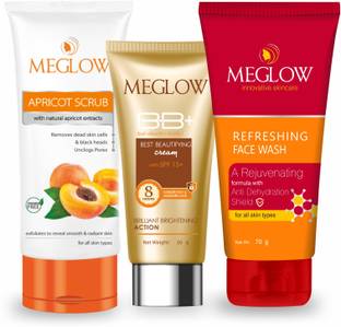 meglow BB+ Cream With SPF 15+ (1x30g) + Refreshing Face Wash (1x70g) + Apricot Scrub (1x70g)