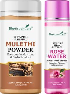 She Essentials Mulethi Powder 100gm+Rose water 120ml combo Face & Skin Glow &100% Natural