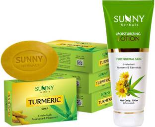 Sunny Herbals Moisturizing Lotion (With Aloevera & Calendula)-100 Ml and Turmeric Soap-75gm x 4