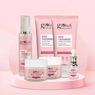 Globus Naturals Ceramide Glow Rice Radiance Combo For Korean Glass Skin Face Wash, Face Cream, Face Serum, Face Toner, Face Scrub, Peel off Mask