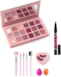 J & F 18 Color Eyeshadow Palette With 5 PCs Makeup Brush & 36 Hours Kajal ( Eye Liner ) & Eyelashes & 2 Sponge Puff
