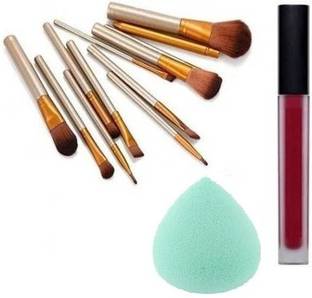 Rsentera Best 12 pcs makeup brush combo with sponge puff and red lipstick