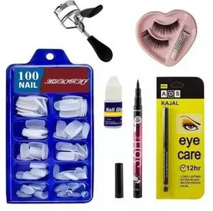 glamblush COMBO OF Beauty Artificial Nails (100), Glue, False Eyelash, Eyeliner, Kajal, Eyelash Curler