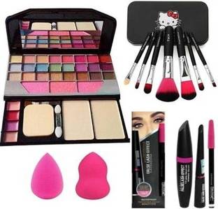 ahdam 7pcs Makeup Brush set Makeup Kit + 2 pc Blender Puff and 3IN1 (KAJAL+MASCARA+EYELINER) Combo