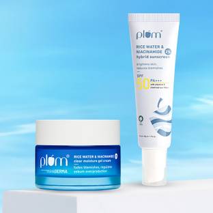 Plum 2% Niacinamide & Rice Water Gel Cream Moisturizer (50g) +Sunscreen SPF 50 PA+++ (50g) Duo