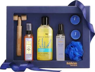 BodyHerbals Lavender Essentials Set For Stress Relief and Relaxation (Lavender Shower Gel 200ml, Lavender & Vanilla Body Massage Oil 100ml, Lavender Facial Mist 100ml, Wooden Massager, Bath Puff, 2 Tea Lites) Bath & Body - Bath Set & Kits