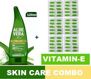 gementis ALOE VERA GEL 120ML WITH 100% PURE ALOE VERA + NEWLY UPLOADED VITAMIN E CAPSULES (6*10CAPSULES)