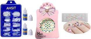 AHSIT Arylic fake 100 Nails Empress Curve Artificial Nails with 2 Glue Nail Art Stickers