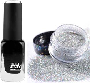 ADJD GLOSSY FINISH BLACK NAIL PAINT COMBO & MULTI USE MINI GILLITER SILVER