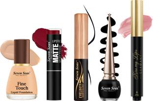 Seven Seas Festive Essential Makeup Combo with Foundation/Lipstick/Liquid Eyeliner/Sheer Lip Balm(pack of 5)