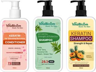 VitaBloom Keratin Smooth Conditioner (150ml) | Anti-Hair Fall Shampoo (150 ml) | Keratin Smoothing Shampoo (150 ml)