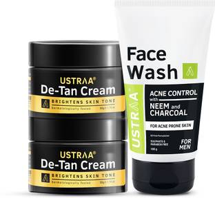USTRAA Face Wash Neem & Charcoal & De-Tan Cream - Set of 2 - Effective Tan Removal