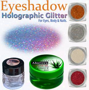 VOZWA Eyeshadow Hologrpaic Glitter (4 Colors) + 1 Bottle of glitter-glue and Aloe vera