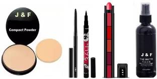 J & F Face Compact Powder, Kajal , Eyeliner,5 in 1 Red Lipstick, Fixer Spray