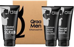 Qraa Charcoal Kit: Charcoal Scrub, Charcoal Face wash, Charcoal Peel-off Mask For Men-With Tea tree oil