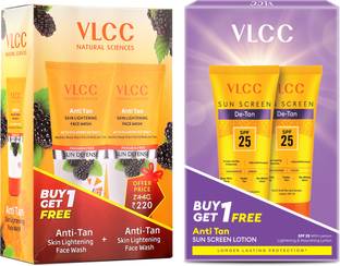 VLCC Anti Tan Sunscreen Lotion SPF 25 PA+ & Skin Lightening Face Wash - B1G1