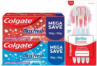 Colgate MaxFresh Red 300g & Blue 300g Toothpaste with Gentle Sensitive Toothbrush 4pcs