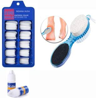 INDIANA HUDA 100 Pcs Reusable Acrylic False Nails With Nail Glue & 4IN1 Foot Scurb For Feet